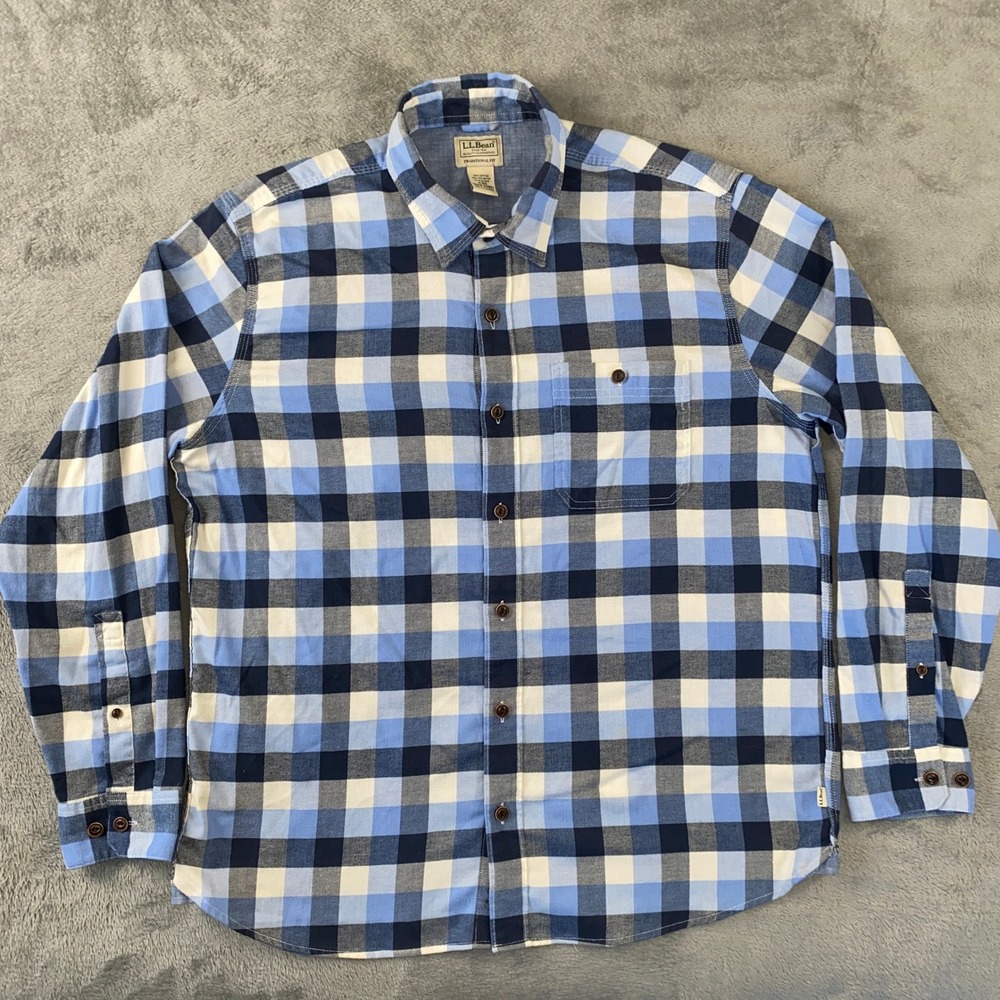 LL Bean Flannel Shirt Button Down Men M Blue Buffalo Check Plaid Traditional Fit